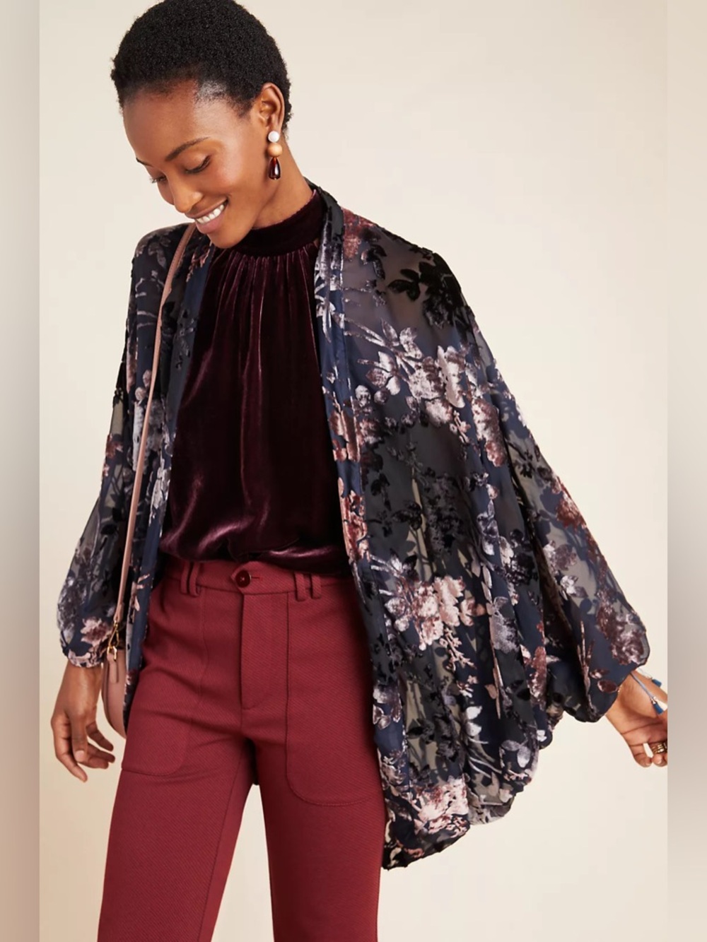 NWT Anthropologie Sheer Floral Velvet Burnout Kimono – Boho Open Front S #0120
